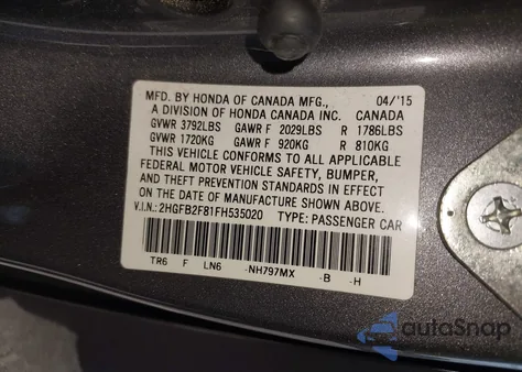 2015 Honda Civic Ex из США, поврежденный, VIN 2HGFB2F81FH535020